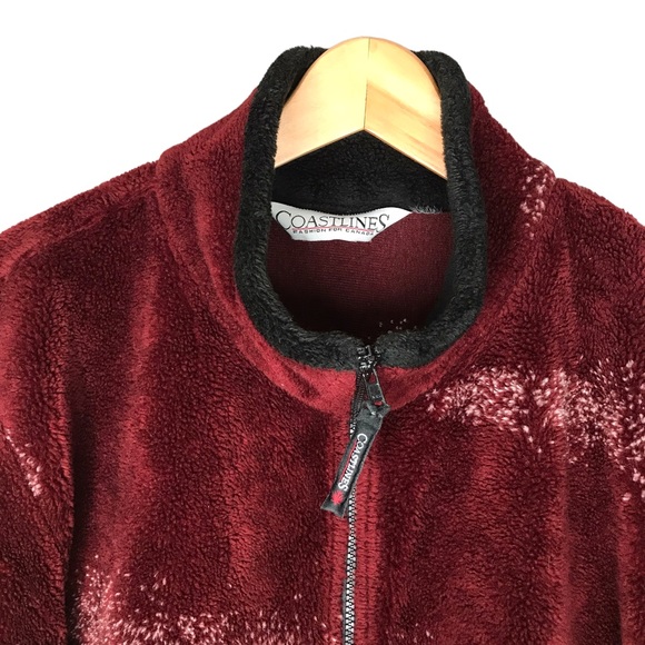 Large Vintage Coastlines Plush Zip Up Burgundy Teddy Jacket Coastal Coat - Picture 4 of 11